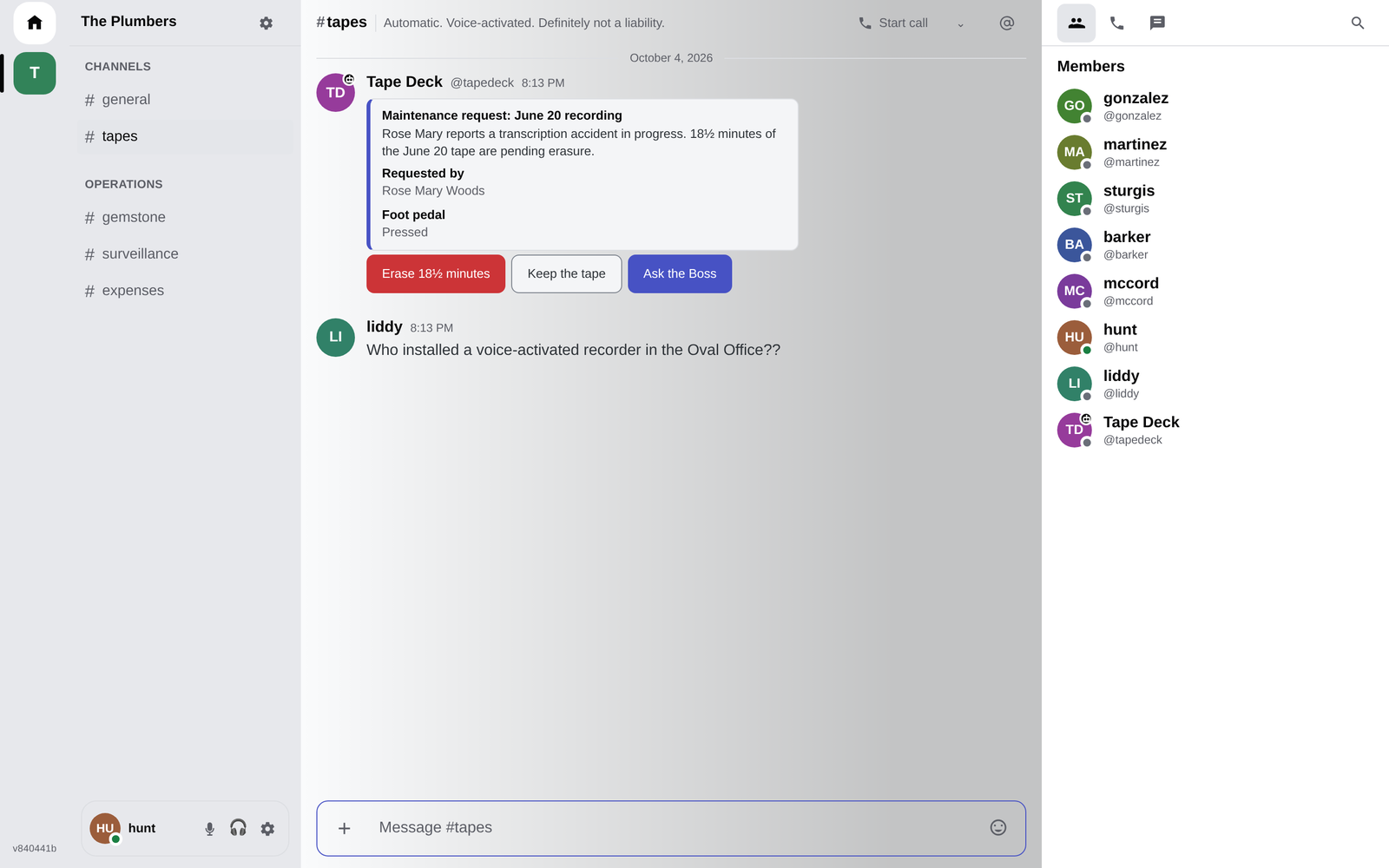 Hrmny in the light theme: a bot's message with an embed card titled Maintenance request and three action buttons, beside the member list.
