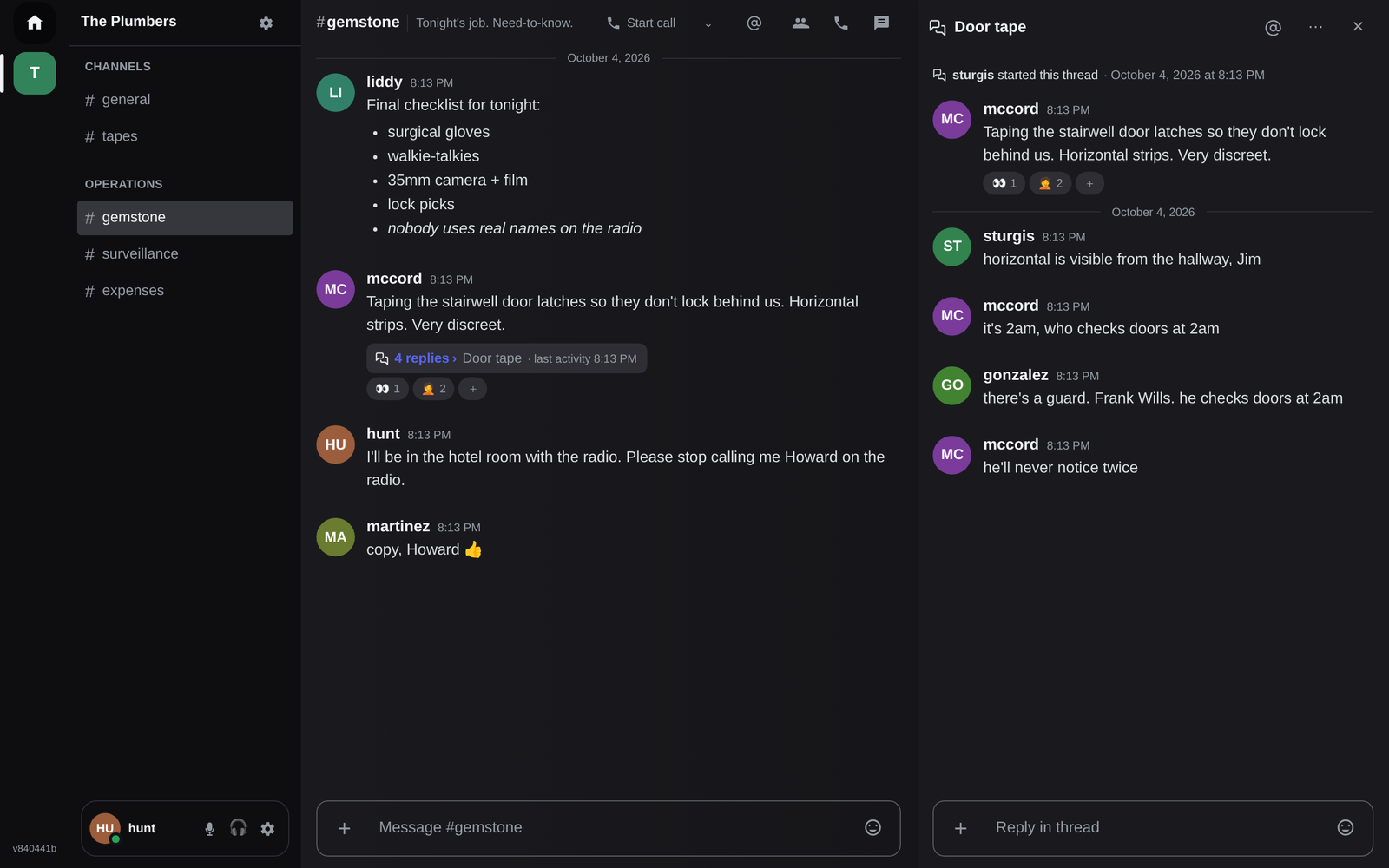 Hrmny in the dark theme: a channel with a checklist message, reactions and a reply count, with its thread open in a side panel.